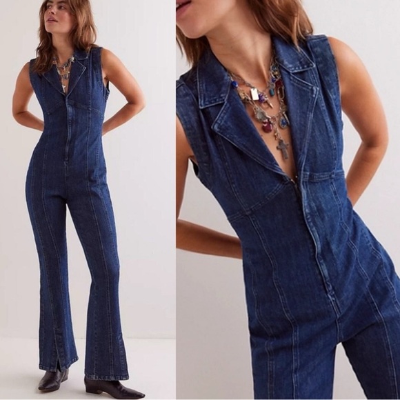 Free People Pants - NWT Free People Crvy Ring The Alarm Denim Sleeveless Flare Jumpsuit XS Retro 70s